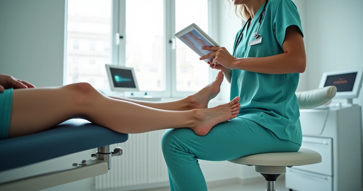 Profissional avaliando varizes nas pernas de paciente em clínica de estética moderna 