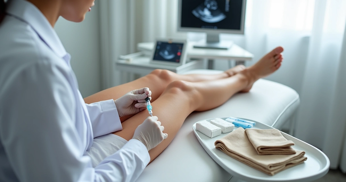 Médico vascular realizando escleroterapia em vasinhos na perna de paciente em consultório 