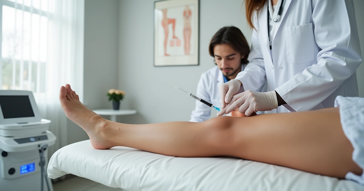 Médico aplica escleroterapia em vasinhos na perna de paciente em consultório moderno 