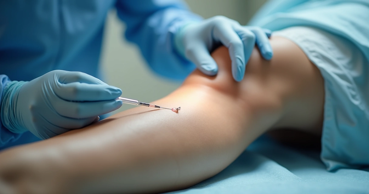 Profissional médico realizando escleroterapia em perna com vasinhos 