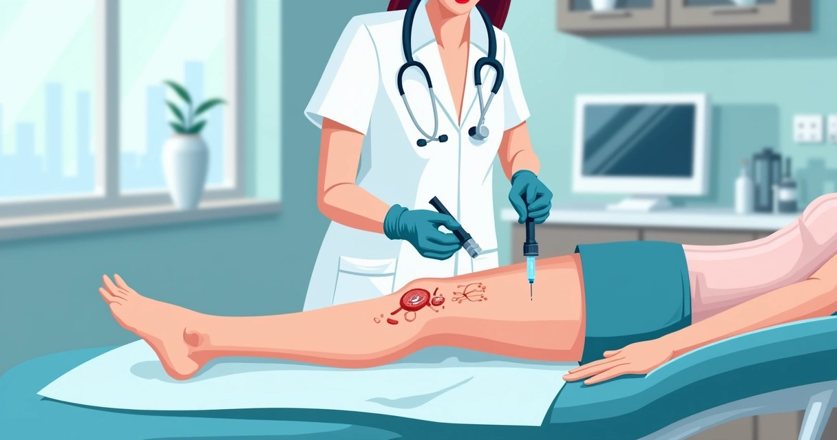 Médico realizando escleroterapia em vasinhos na perna de paciente 
