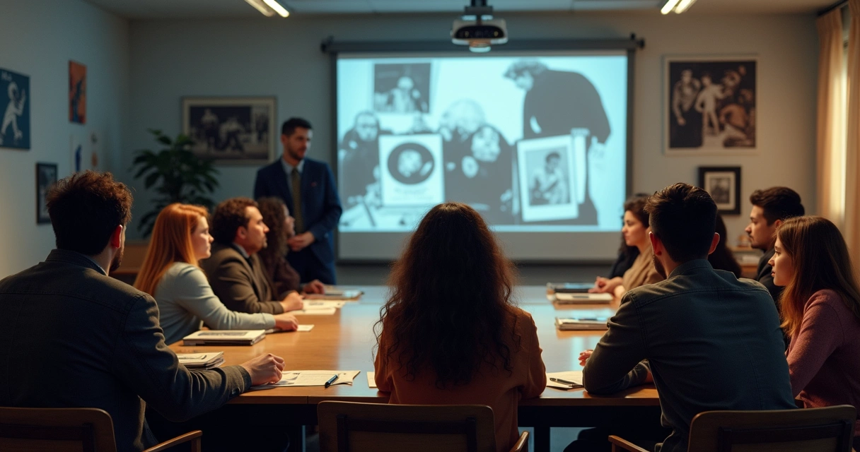 Alunos e professor estudando clássicos do cinema em sala de aula 
