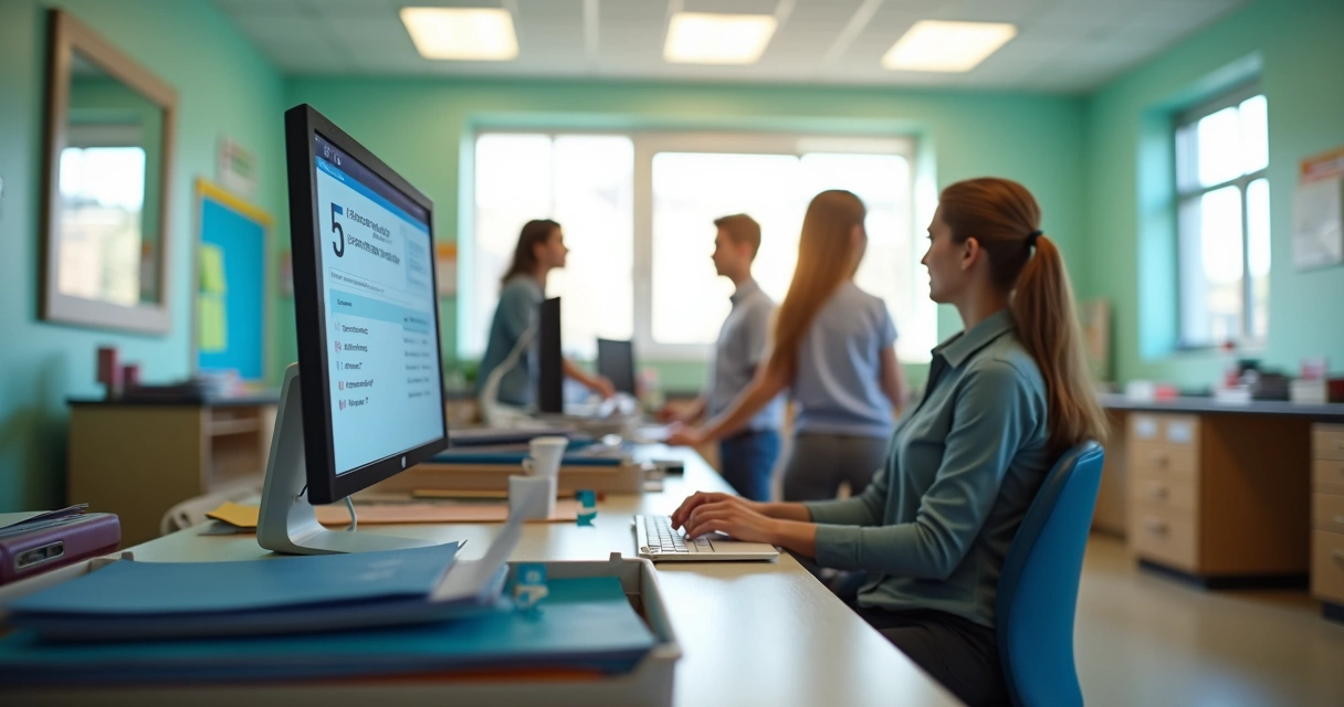 Sala de secretaria escolar com computador mostrando painel de cobranças e pais de alunos conversando ao fundo 