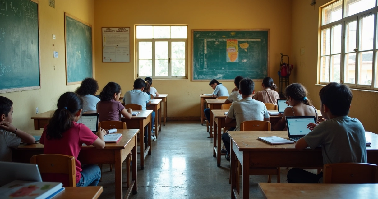 Metade da escola moderna com internet e metade antiga sem estrutura 