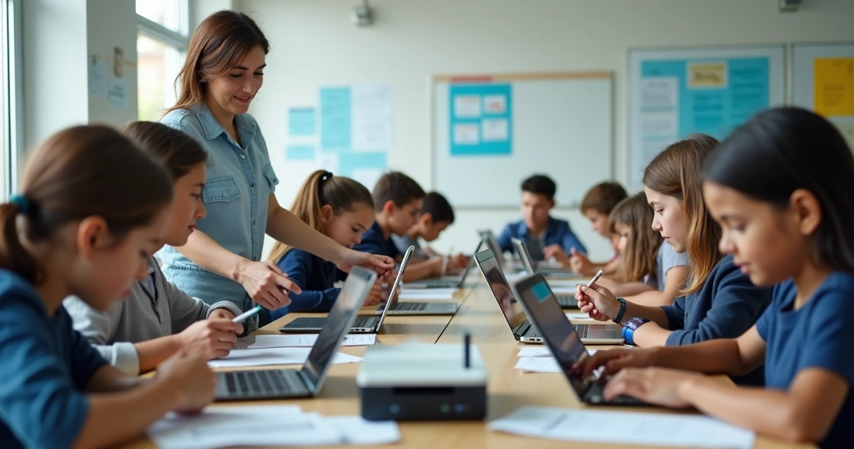 Sala de aula com impressora Wi-Fi e alunos conectados 