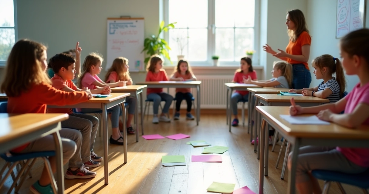 Sala de aula com professor e alunos participando de dinâmica sistêmica em roda. 