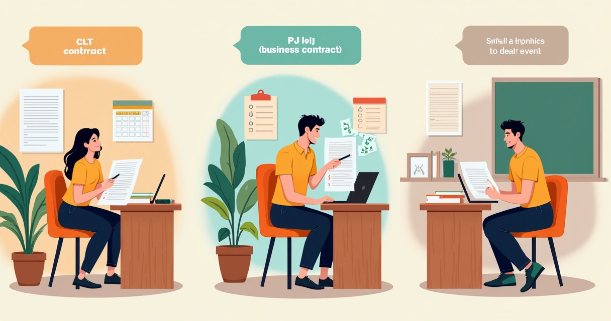 Conceitos visuais dos modelos de contratação de professores, como CLT, PJ e autônomo, em ambiente escolar 