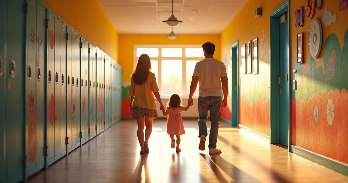 Pais e criança em corredor de escola infantil decorada e colorida 