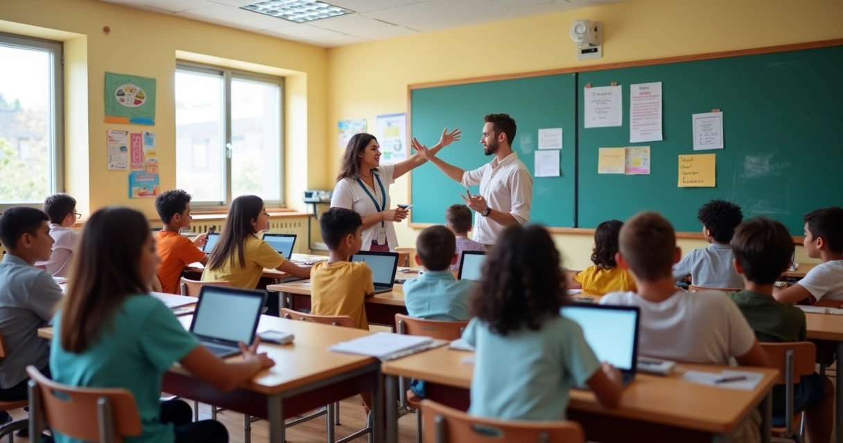 Alunos em sala de aula interagindo com professora e tecnologia 