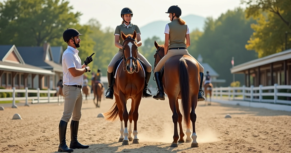 Instrutora orientando aluna iniciante em aula de equitação na hípica 