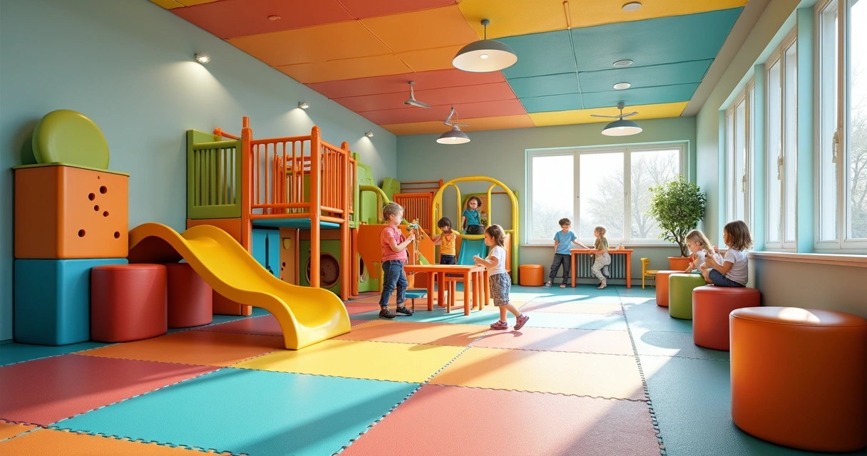 Espaço de recreação escolar com brinquedos modulares em ambiente iluminado