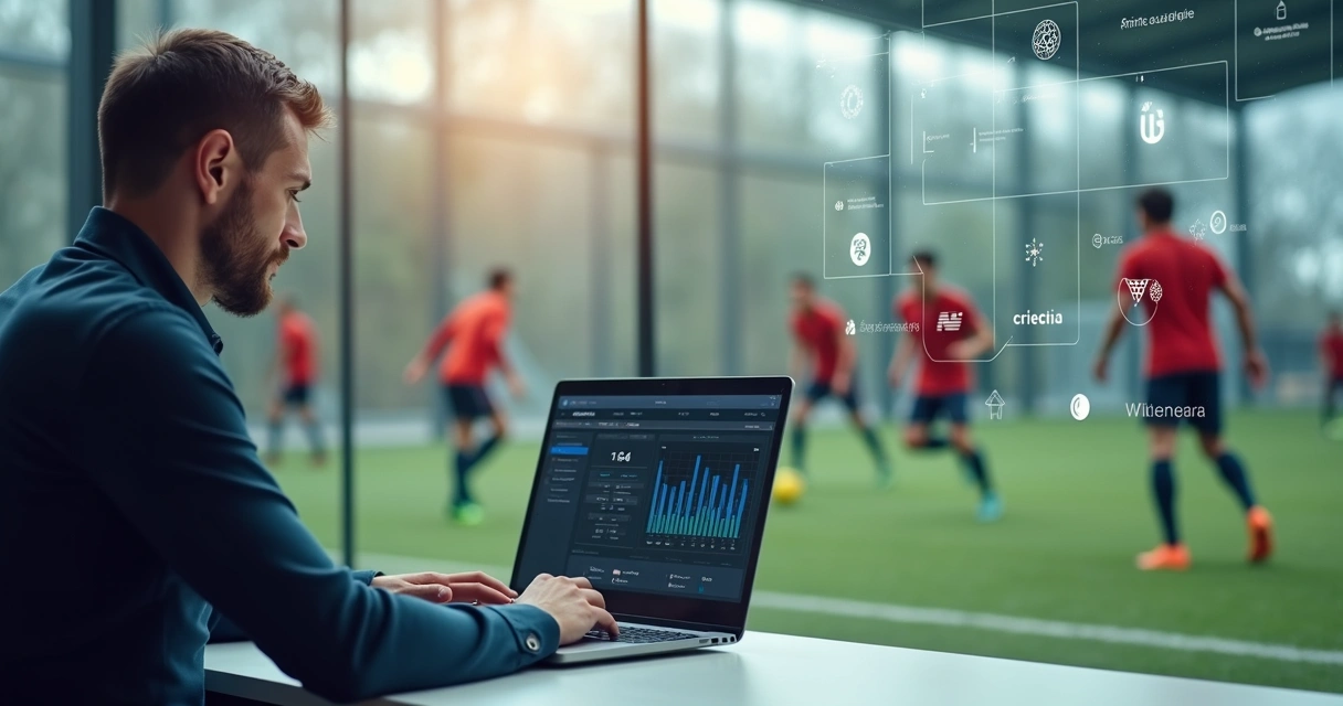 Gestor acessando sistema de gestão pelo notebook em ambiente esportivo