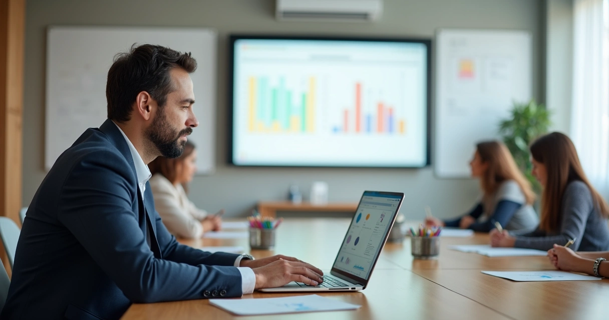 Diretor escolar observando interface digital no notebook, com tela exibindo calendário de aulas e gráficos de desempenho 