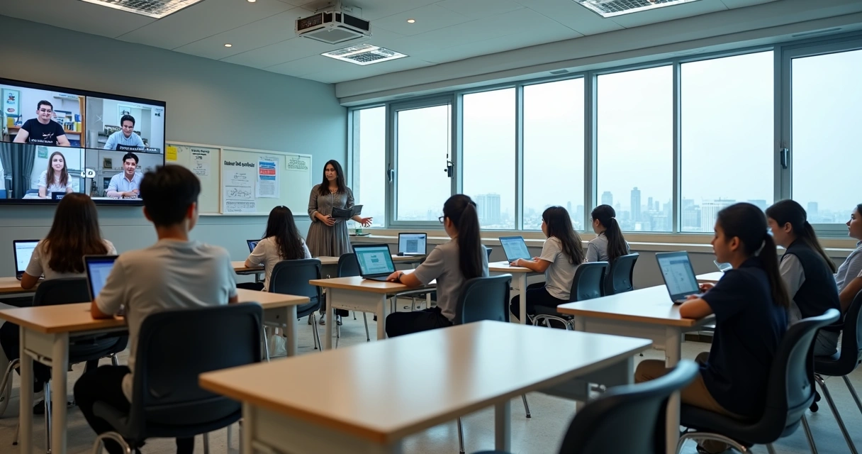 Sala de escola internacional com aula híbrida em cenário de crise 