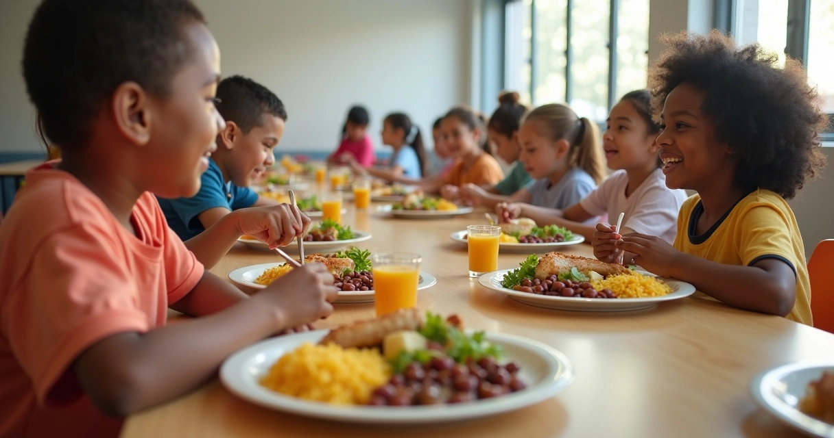 Crianças comendo merenda saudável na escola 