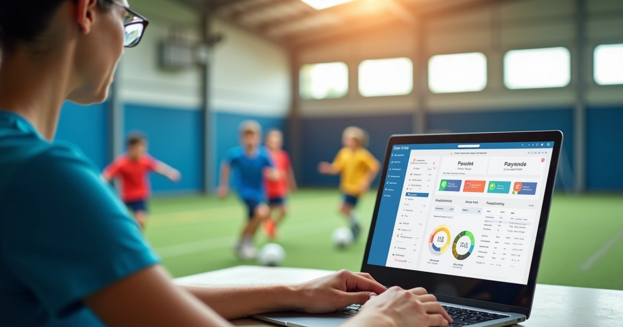 Professor usando notebook em quadra de esportes, alunos ao fundo 