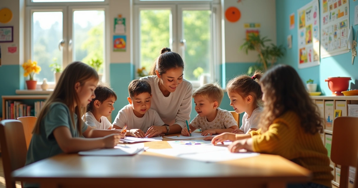 Sala de aula em escola da Nova Zelândia com crianças e professora