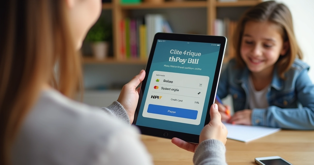 Pais realizando pagamento online da mensalidade escolar 