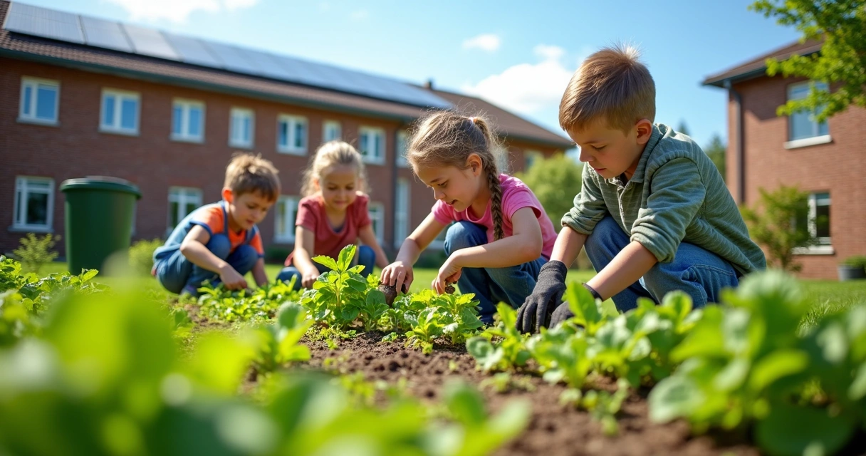 Alunos participando de projeto de horta escolar sustentável 