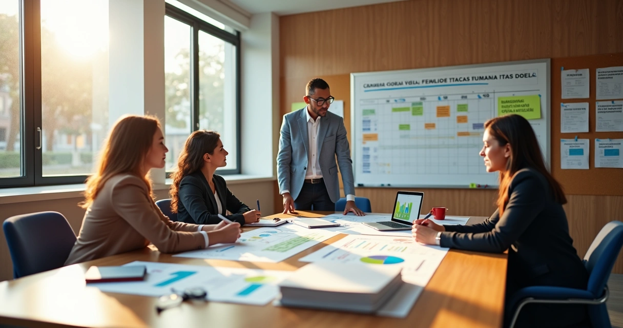 Gestores escolares analisando plano tributário ao lado de quadro com calendário e gráficos 