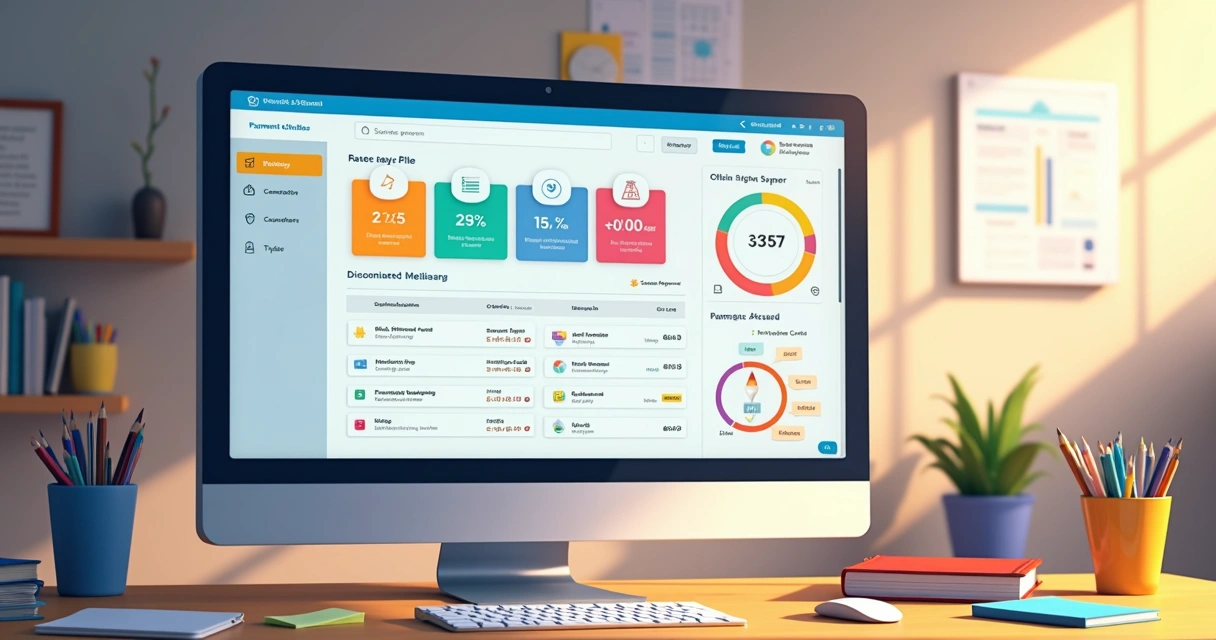 Dashboard escolar colorido mostrando integração de cobranças e pagamentos 