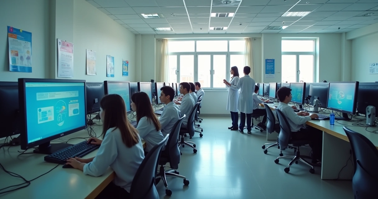 Laboratório de informática moderno em escola técnica com computadores e alunos estudando 
