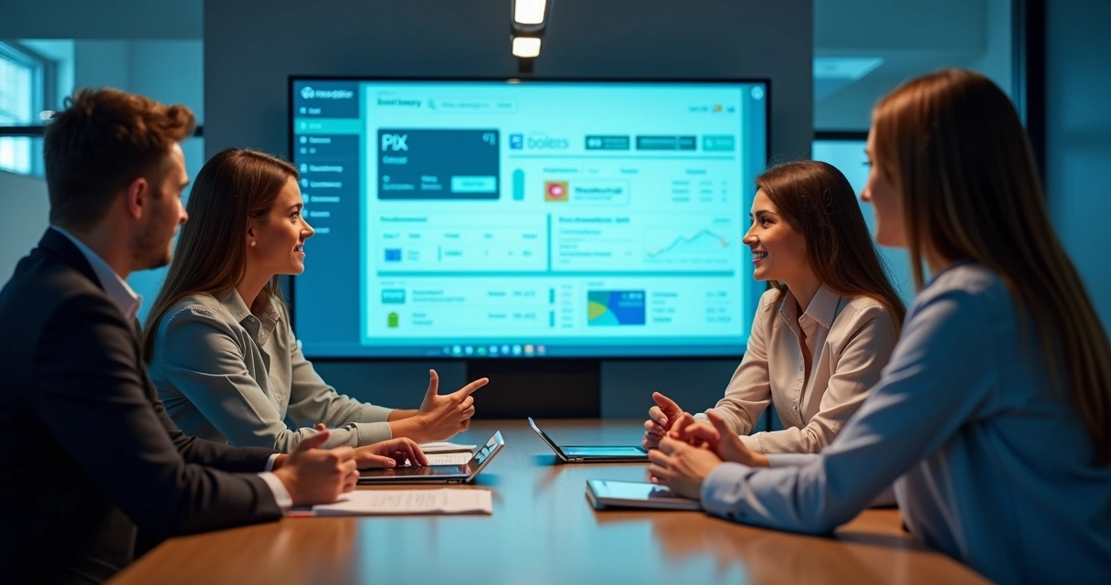 Equipe escolar usando tecnologia para cobrança, tela mostra opções de Pix, cartão e boleto 