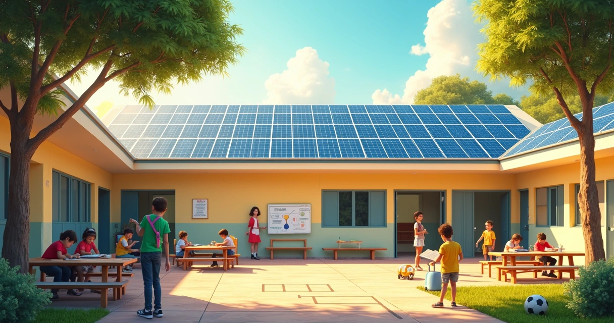 Pátio de escola com crianças estudando ao ar livre perto de telhado com painéis solares 