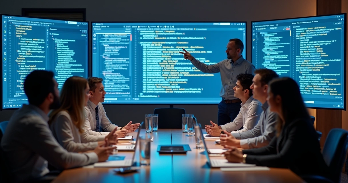 Equipe reunida em torno de mesa discutindo escolha entre low-code e código tradicional.