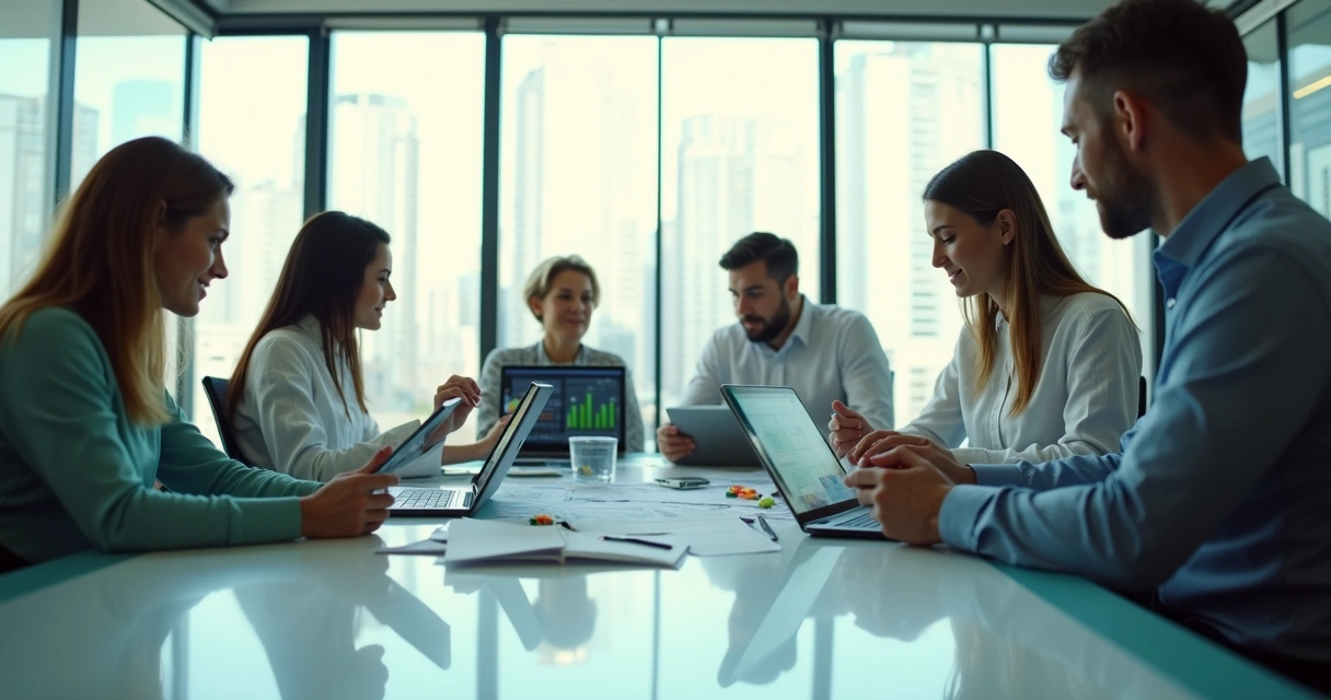 Time reunido analisando tecnologias para administração de condomínio 