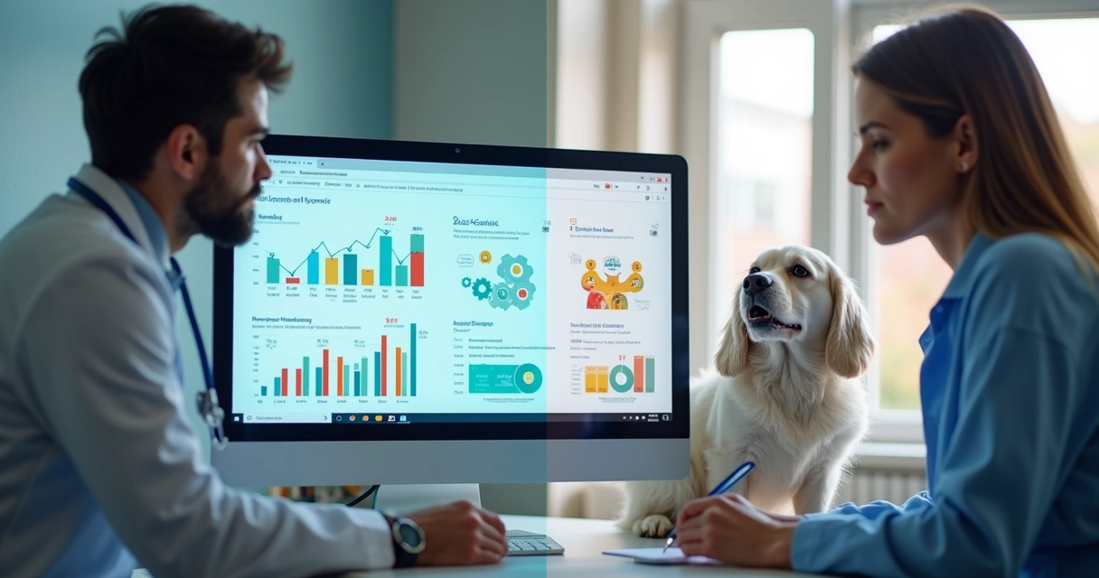 Comparação entre agência de marketing especializada em veterinária e agência genérica, com ícones e gráficos coloridos mostrando diferenças 