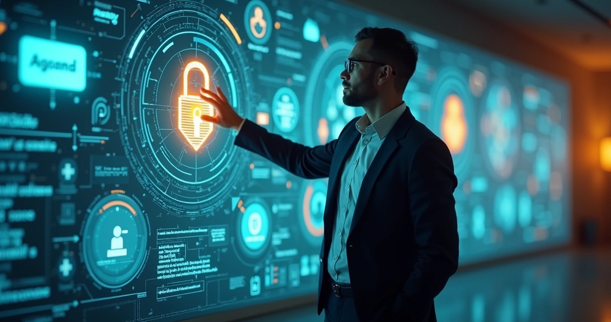 Profissional analisando diferentes agentes de IA em telas holográficas 