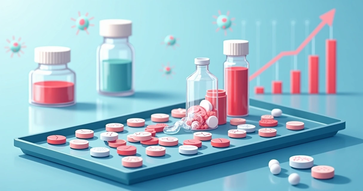 Diferentes tipos de comprimidos de antibióticos em fundo de clínica, com gráfico mostrando aumento da resistência bacteriana 