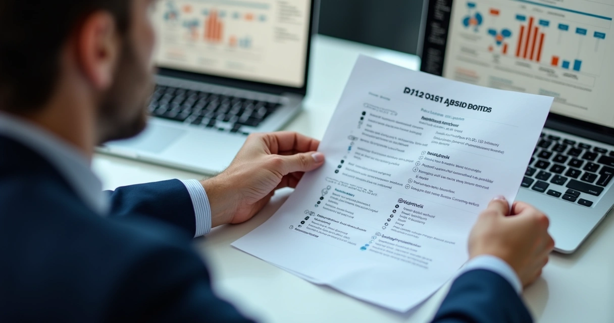 Profissional avaliando lista de requisitos de API financeira. 
