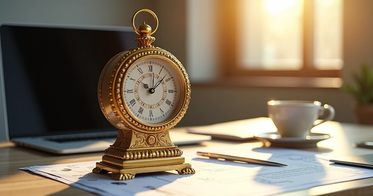Relógio dourado com símbolos dos planetas e signos, centralizado em mesa com documentos empresariais 