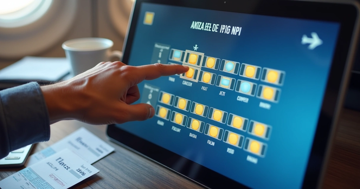 Passageiro apontando para mapa de assentos de avião na tela de computador 
