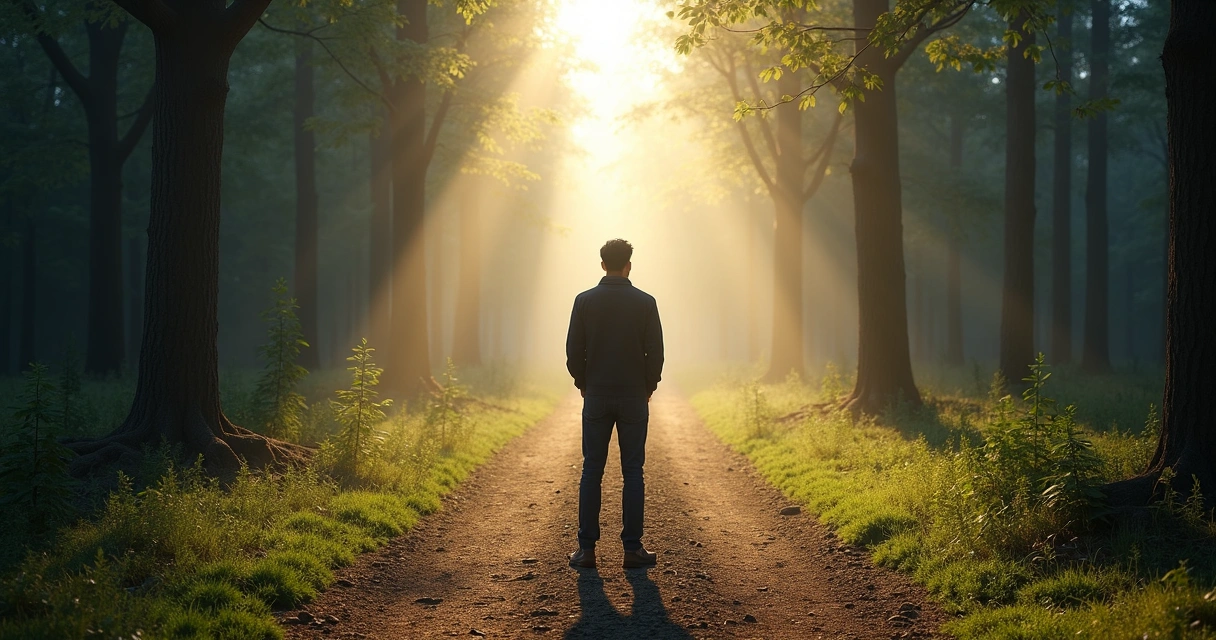 Pessoa em bifurcação de caminho, um lado sombrio e outro iluminado