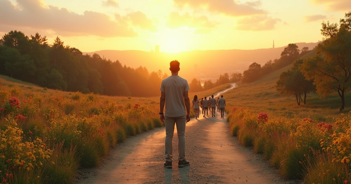 Pessoa em encruzilhada entre caminho colorido e multidão cinza 