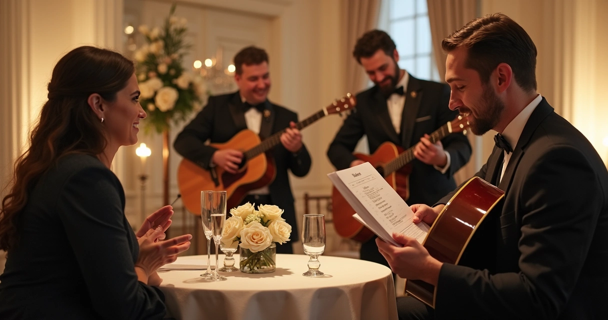 Noivos conversando com banda em preparação para casamento 