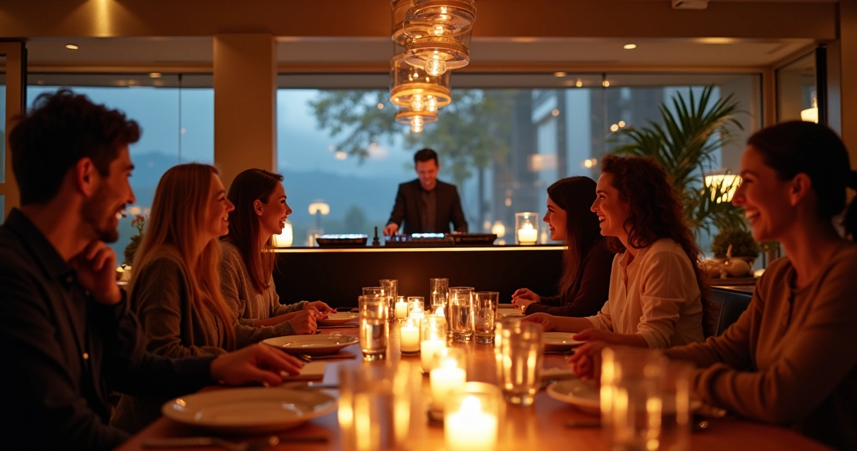DJ tocando em restaurante com clientes sorrindo nas mesas 