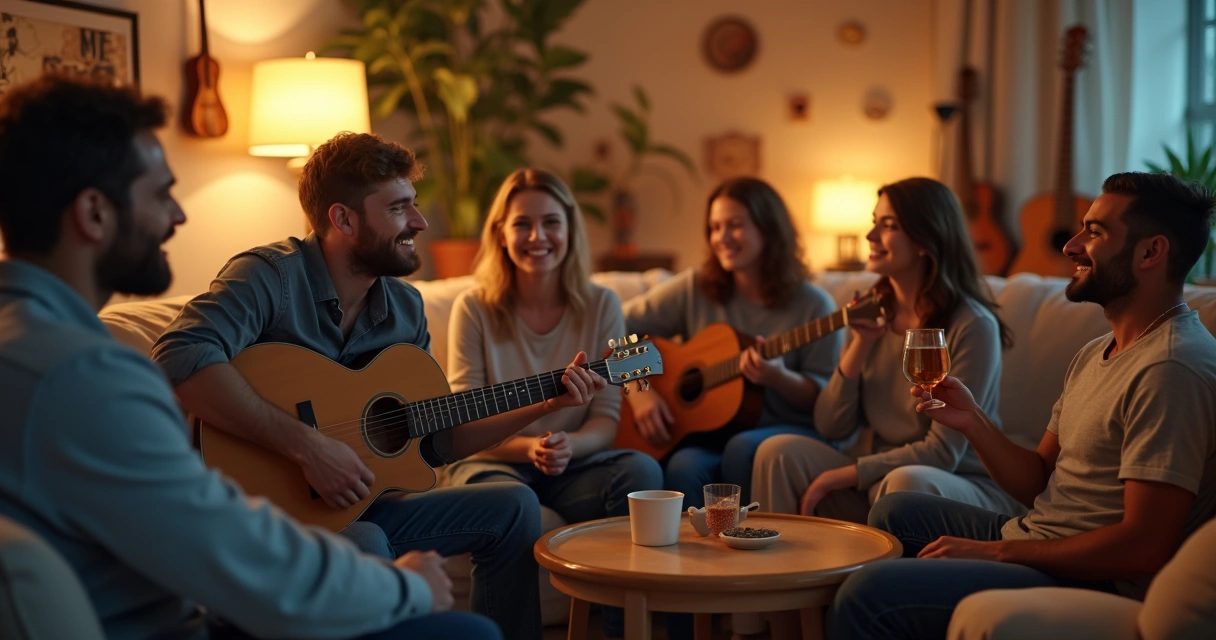 Grupo de amigos ouvindo banda ao vivo em reunião descontraída 