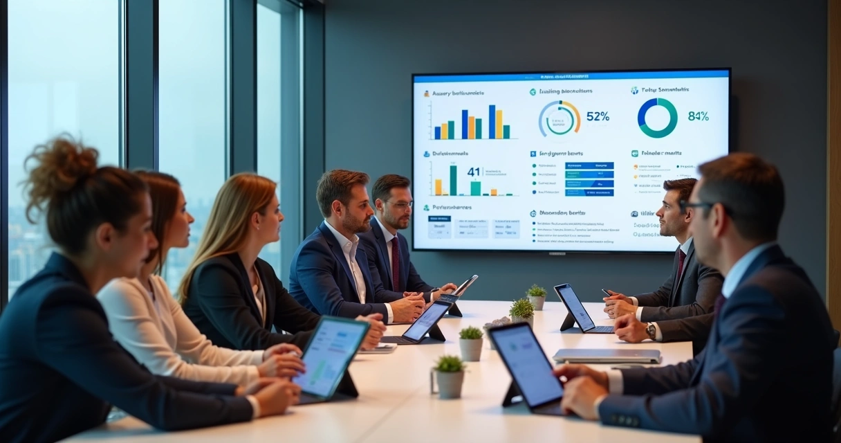 Mesa de reunião com gestores analisando gráficos coloridos de opções de benefícios 