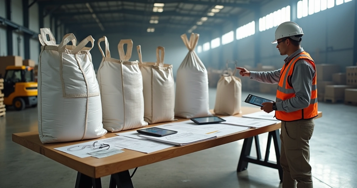 Engenheiro analisando diferentes tipos de big bag em galpão industrial 