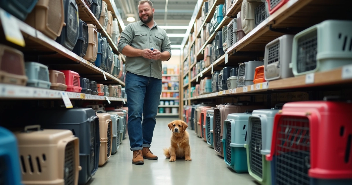 Pessoa escolhendo caixa de transporte rígida para pet em loja de acessórios 