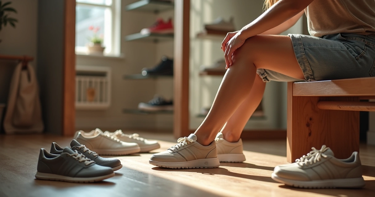 Pessoa experimentando sapatos confortáveis enquanto observa os pés em espelho 