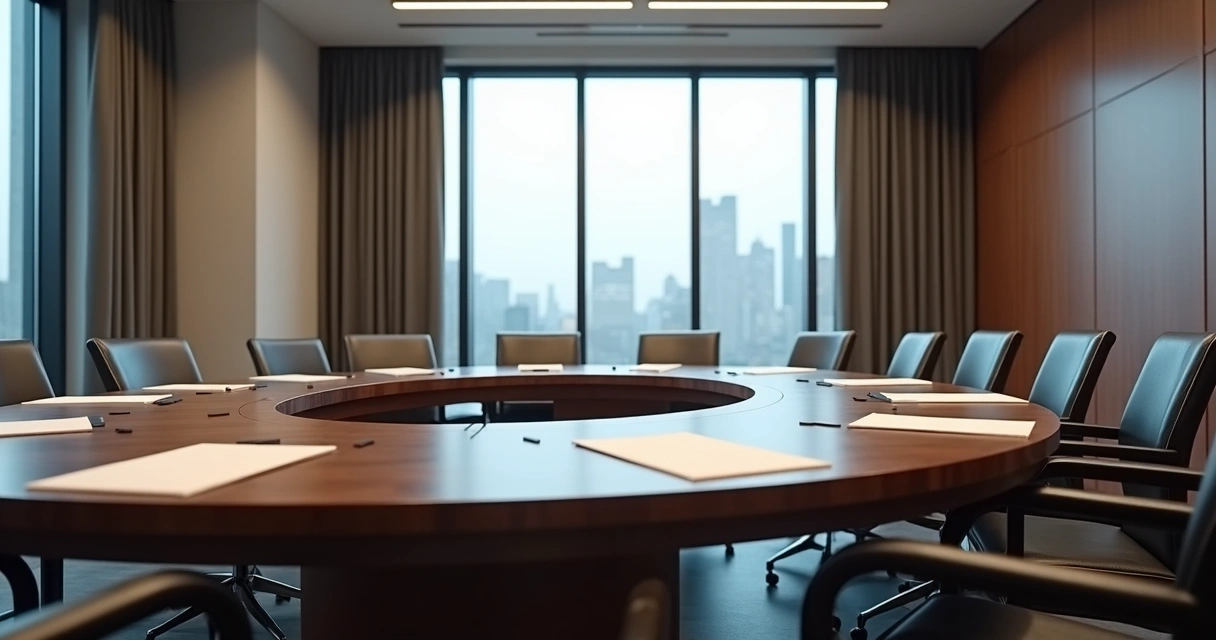 Sala de câmara de arbitragem com mesa redonda e documentos 