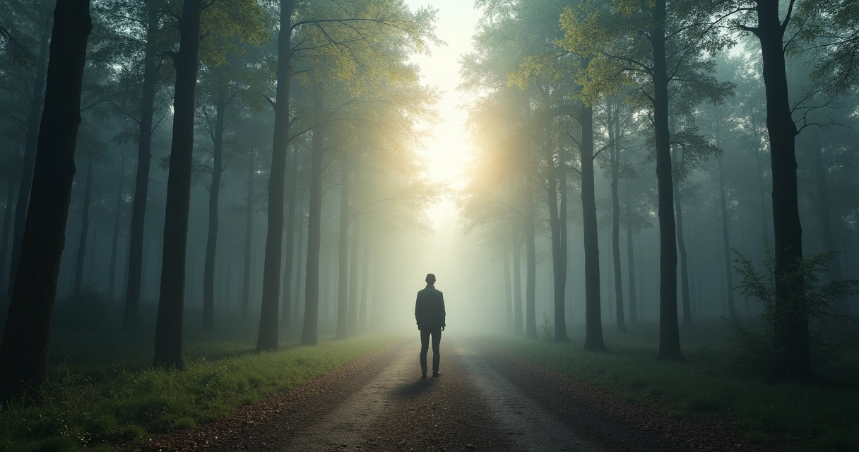 Pessoa parada em frente a dois caminhos na floresta, pensando em qual direção seguir