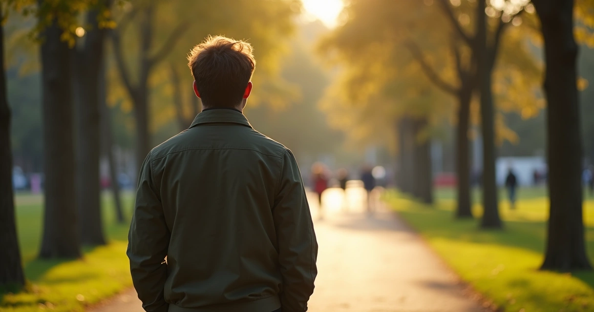 Pessoa diante de dois caminhos com placas de decisão em parque urbano 