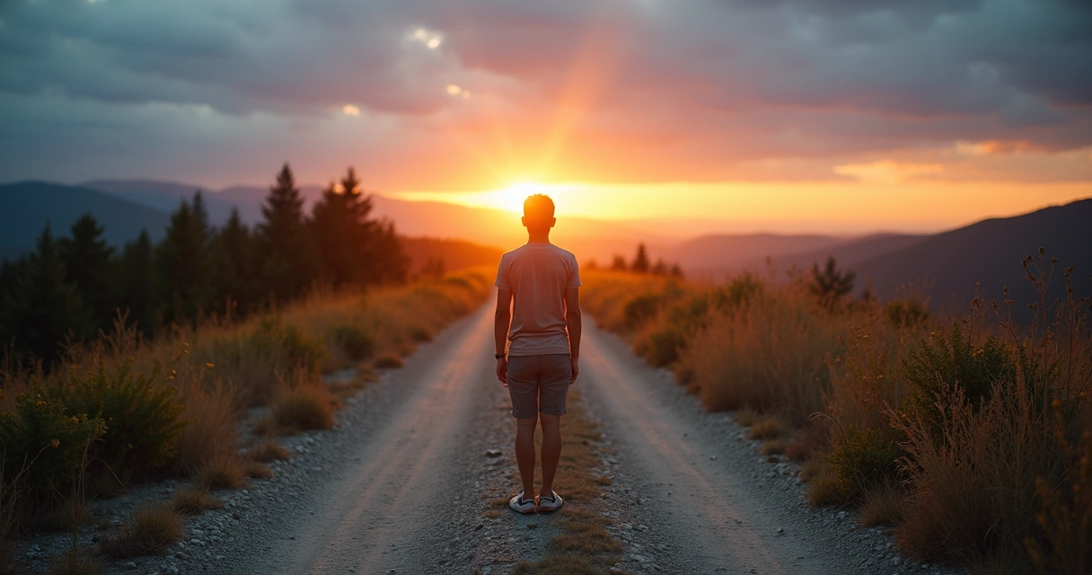 Pessoa em encruzilhada entre dois caminhos simbolizando escolha e evolução pessoal 