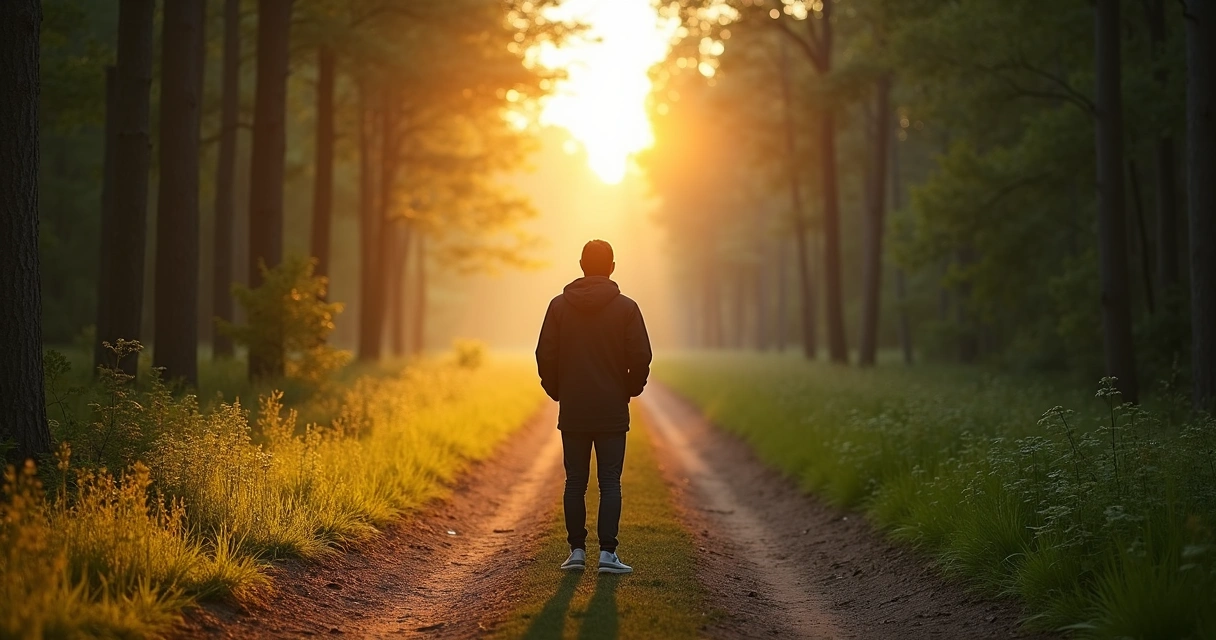 Pessoa diante de caminhos em floresta ao amanhecer